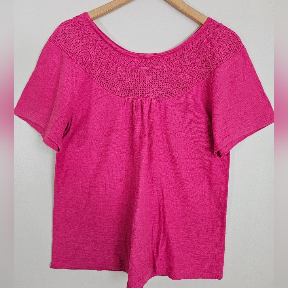 Lane Bryant 14/16 Crochet Neck Short Sleeve Top Cotton Pink Cottage Feminine